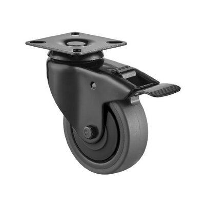 Roda giratória preta com travão 75 mm - placa - 60 kg