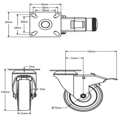 Svart svängbart länkhjul med broms 75 mm - platta - 60 kg