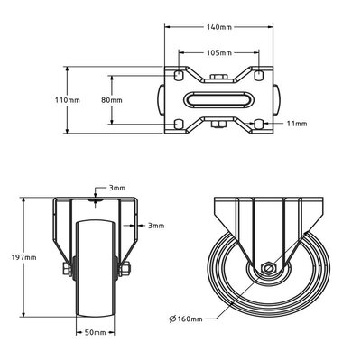 Rodízio fixo em aço inoxidável resistente ao calor 160 x 50 mm - 250 kg