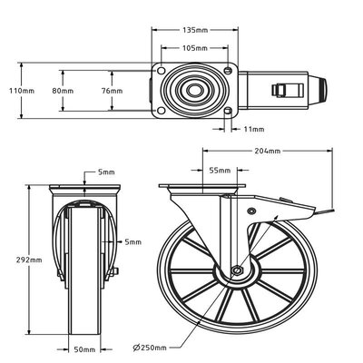 Roda giratória em PU com travão 250 mm - rolamento de esferas - 1000 kg