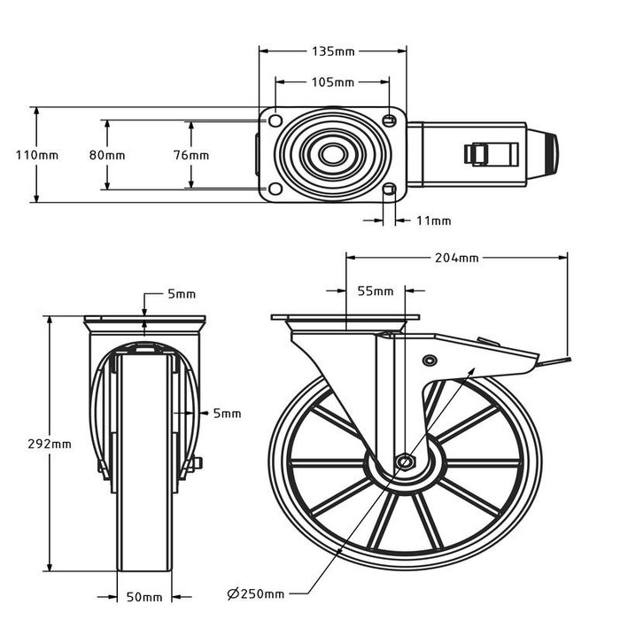 PU länkhjul med broms 250 mm - kullager - 1000 kg
