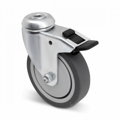 Roda giratória de borracha com travão 100 mm - furo para parafuso - 80 kg