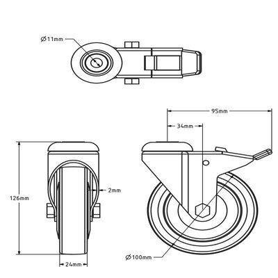 Roda giratória de borracha com travão 100 mm - furo para parafuso - 80 kg