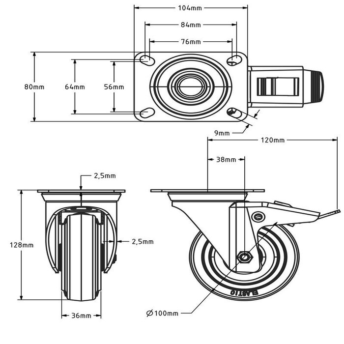 Rueda giratoria de goma con freno de 100 mm - cojinete de rodillos - 160 kg