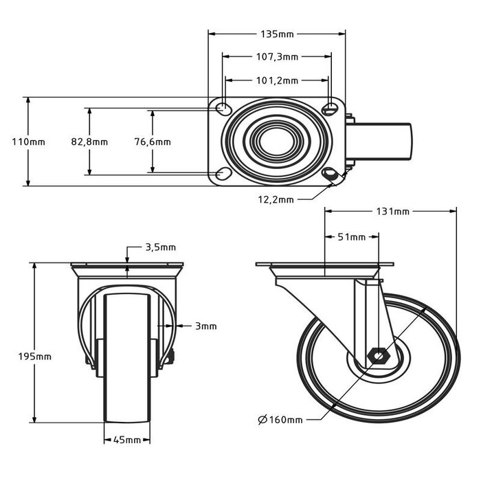 Roulette pivotante en nylon 160 mm - roulement à rouleaux - 300 kg