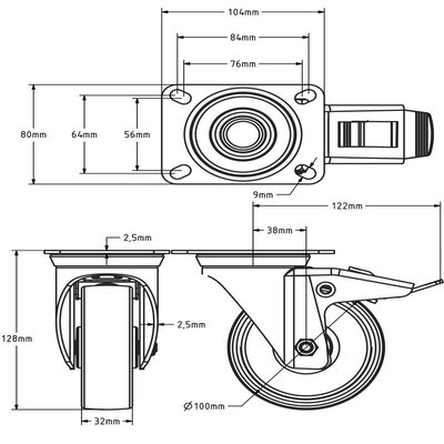 Svingbart hjul i nylon med brems 100 mm - rullelager - 200 kg