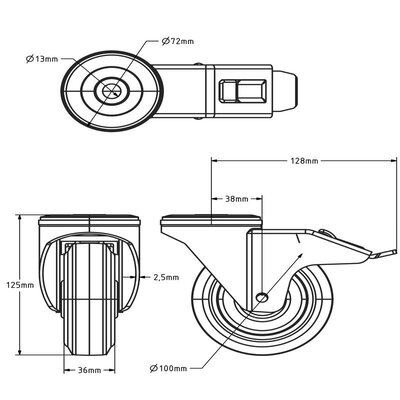 Svart svingbart hjul med brems 100 mm - rullelager - 150 kg