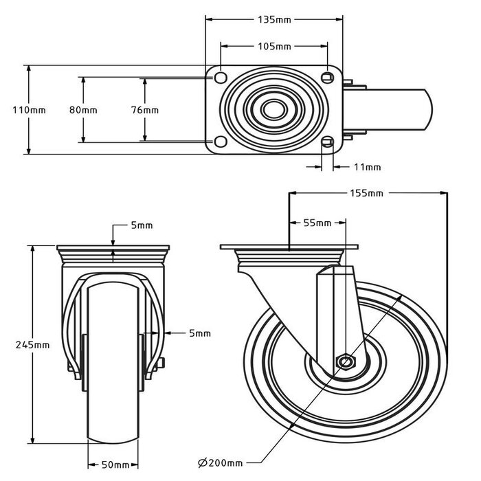 Roda giratória de nylon para trabalhos pesados 200 mm - 1000 kg