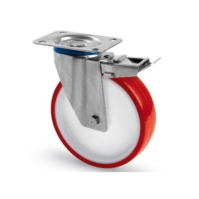 Rodízio giratório em aço inoxidável com travão 160 mm - rolamento de rolos - 350 kg