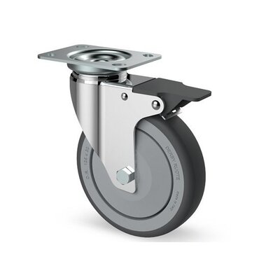 Roda giratória de borracha com travão 100 mm - rolamento de esferas - 80 kg