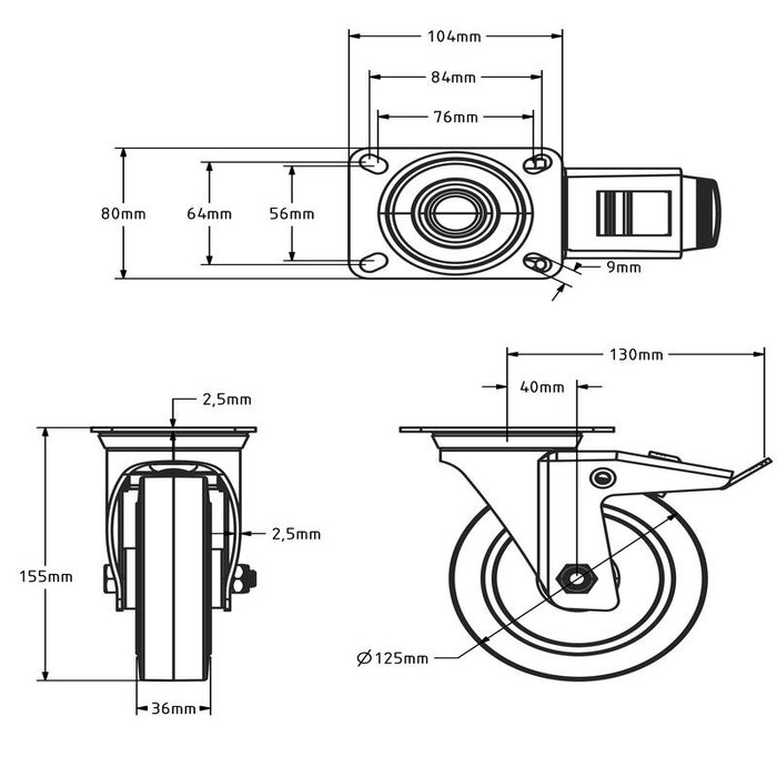 Rueda giratoria de goma con freno de 125 mm - cojinete de rodillos - 220 kg