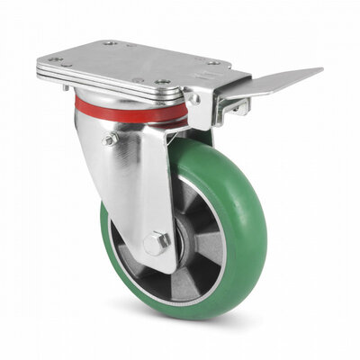 Rodízio giratório ergonómico em PU com travão fixo 160 mm - reforçado - rolamento de esferas - 500 kg