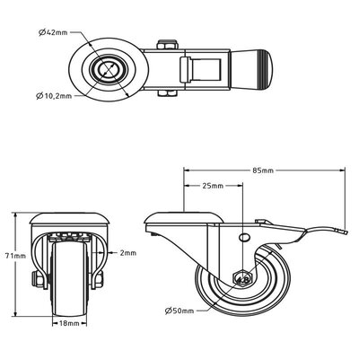 Svart svingbart hjul med brems 50 mm - bolthull - 40 kg