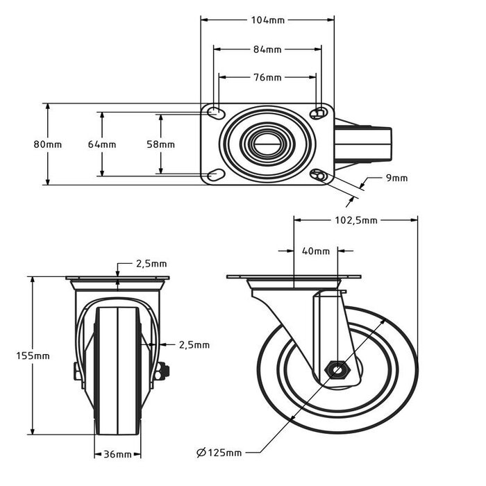 Rueda giratoria de goma para flight case de 125 mm - 220 kg