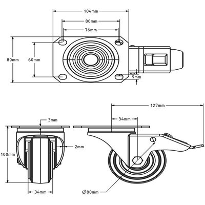 Rodízio giratório preto com travão 80 mm - rolamento de rolos - 100 kg