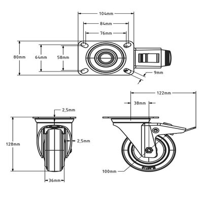 Flight case rubber swivel castor with brake 100 mm - 160 kg