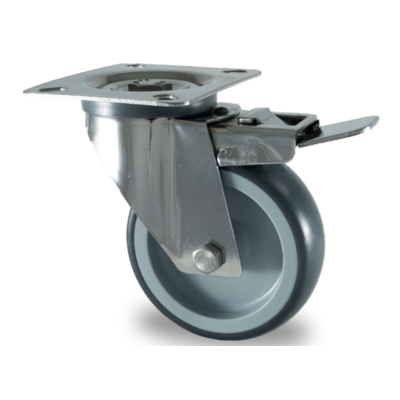 Rodízio giratório em aço inox com travão 80 mm - Borracha - 80 kg