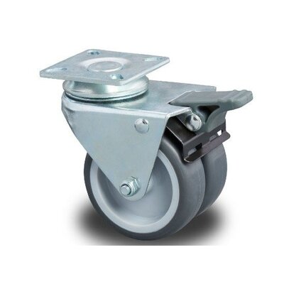 Rodízio duplo com travão 50 mm - placa - 80 kg