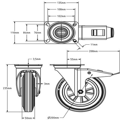 Rubber swivel castor with brake 200 mm - roller bearing - 205 kg