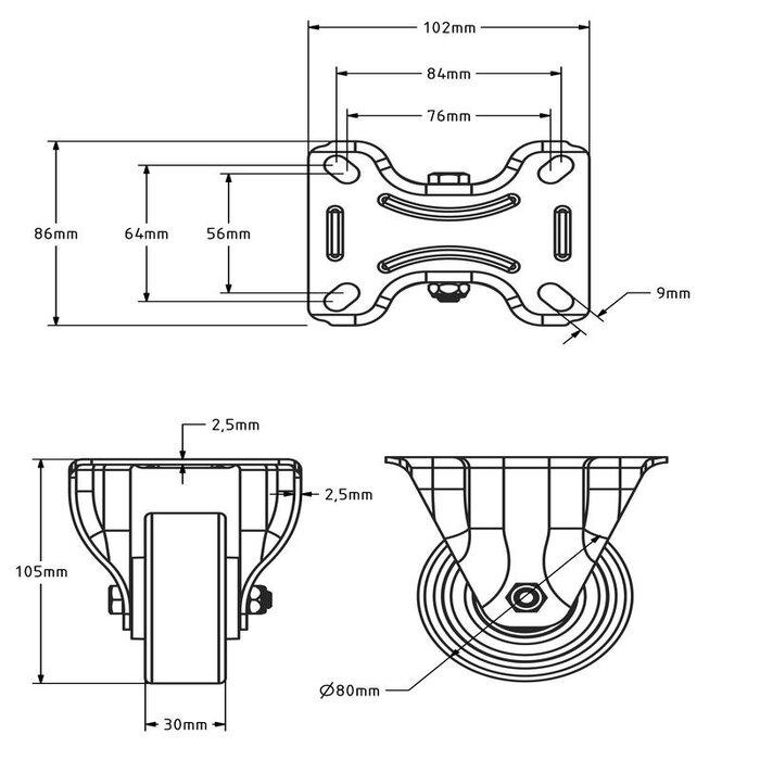 Roulette fixe en PU 80 mm - roulement à billes - 150 kg