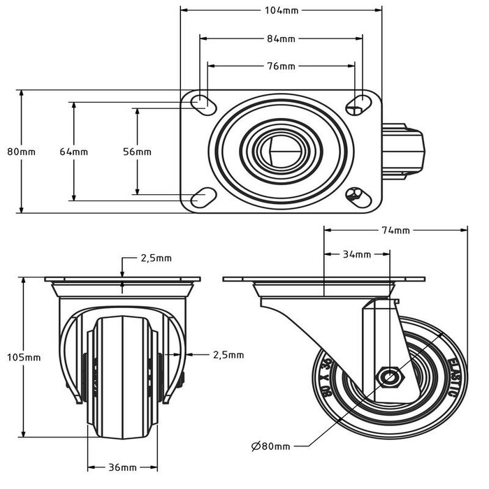 Roda giratória de borracha 80 mm - 110 kg