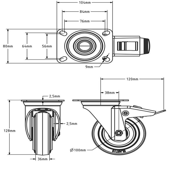Rubber swivel castor with brake 100 mm - roller bearing - 160 kg