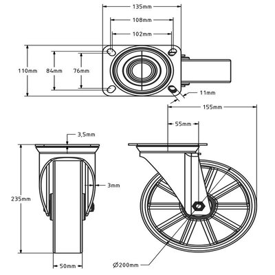 Ruota girevole in PU 200 mm - cuscinetto a sfere - 400 kg