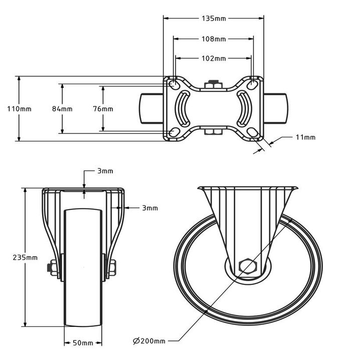 Roda fixa de nylon 200 mm - rolamento de rolos - 350 kg