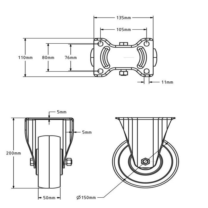 Roulette fixe en nylon haute résistance 150 mm - 900 kg
