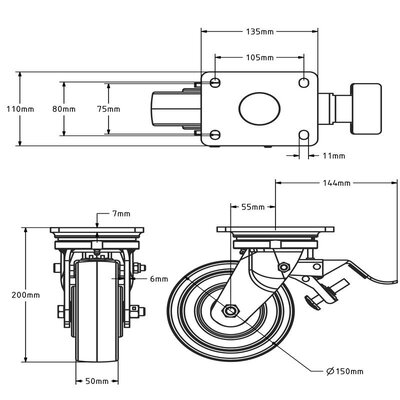 Svängbart länkhjul med broms i nylon 150 mm - kullager - 800 kg