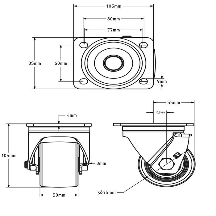 Tungt svingbart hjul i nylon 75 mm - 600 kg