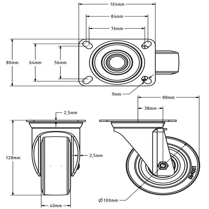 Rubber swivel castor 100 mm - ball bearing - 150 kg