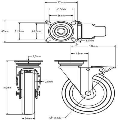 Rodízio giratório em aço inox com travão 125 mm - Borracha - 100 kg
