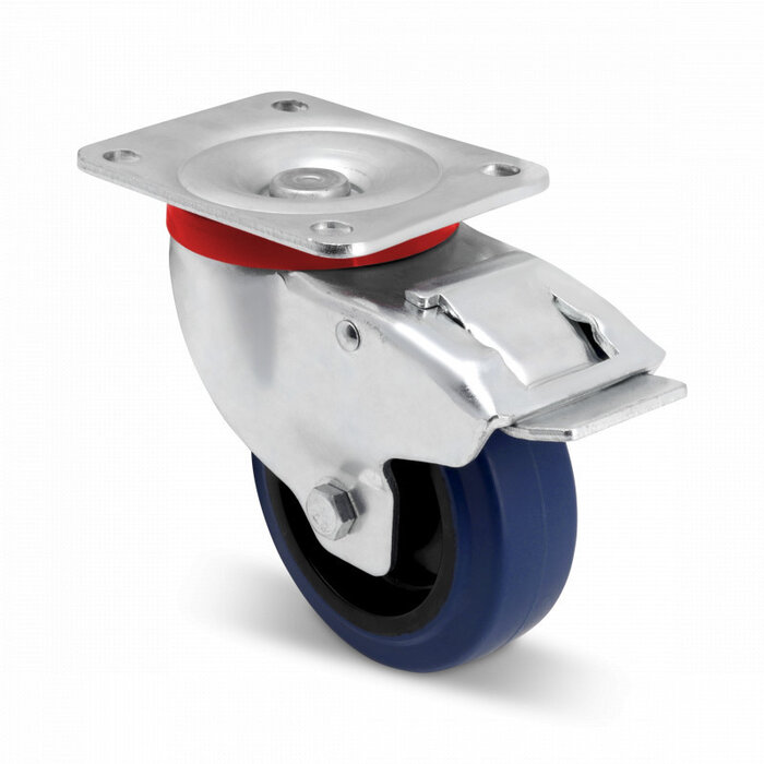 Rueda giratoria de goma azul reforzada de 100 mm con freno - cojinete de rodillos - 180 kg