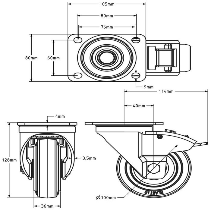 Reinforced blue rubber swivel castor 100 mm with brake - roller bearing - 180 kg