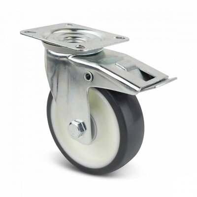 Roda giratória em PU com travão 125 mm - rolamento de esferas - 200 kg