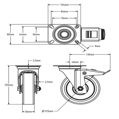 Roda giratória em PU com travão 125 mm - rolamento de esferas - 200 kg