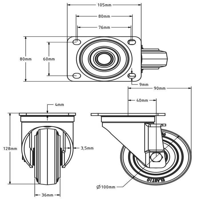 Reinforced blue rubber swivel castor 100 mm - roller bearing - 180 kg