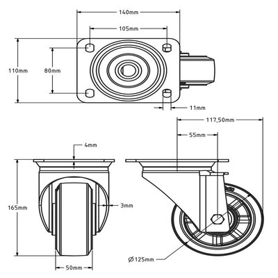 Roulette pivotante en caoutchouc 125 mm - roulement à billes - 300 kg