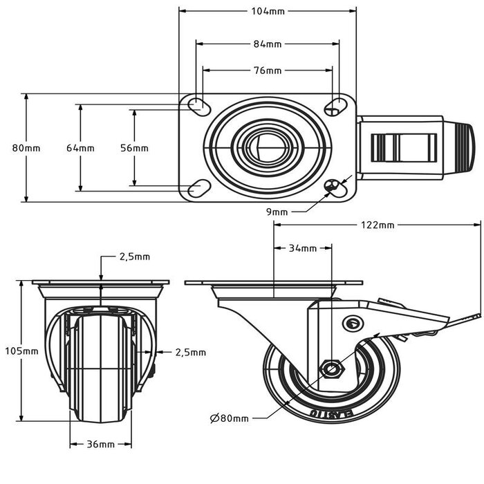 Ruota girevole in gomma con freno per flight case 80 mm - 110 kg
