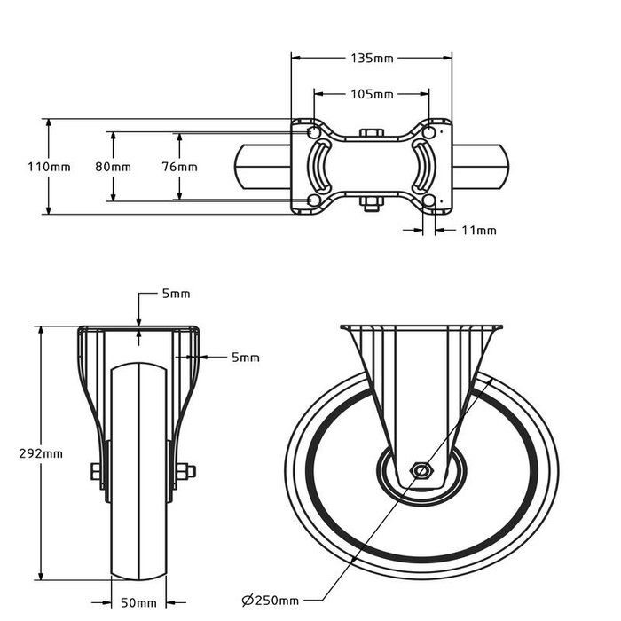 Kraftige faste hjul i nylon 250 mm - 1200 kg