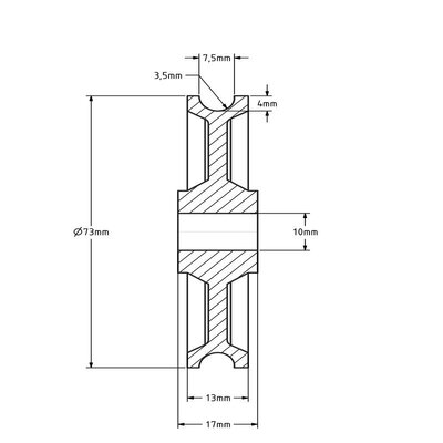 Puleggia in plastica 73 mm con scanalatura a U - 55 kg