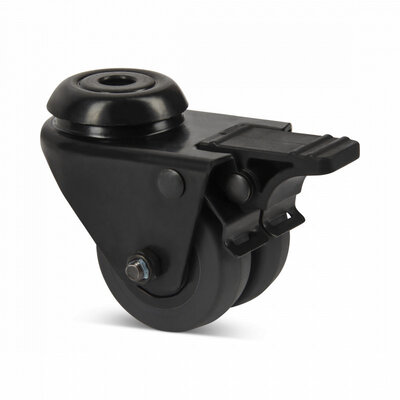 Roda giratória dupla preta com travão 50 mm - furo para parafuso - 80 kg