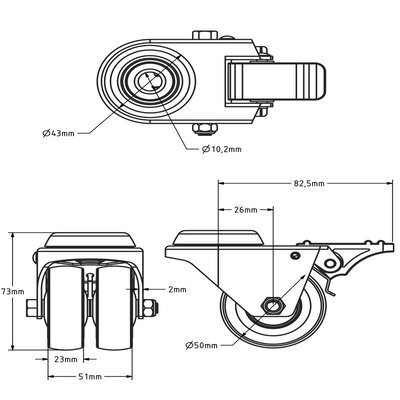 Roda giratória dupla preta com travão 50 mm - furo para parafuso - 80 kg