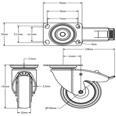 Utrustning svängbart länkhjul med broms 100 mm - kullager - 100 kg