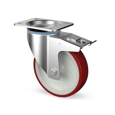 Rodízio giratório em aço inoxidável com travão 200 mm - rolamento de rolos - 400 kg