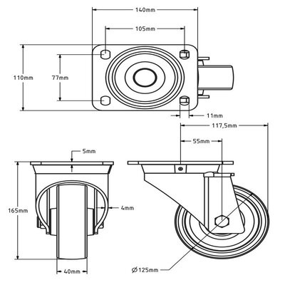 Svingbart hjul i rustfritt stål 125 mm - Nylon - 700 kg