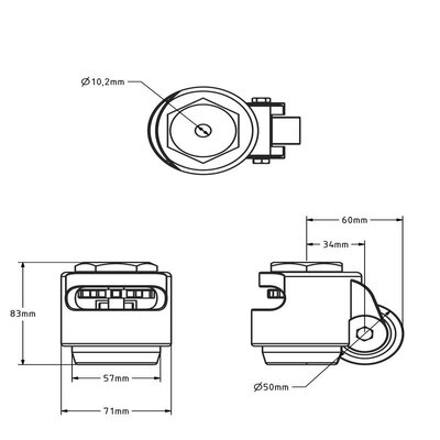 Rodízio giratório com base ajustável 50 mm - Nylon - furo para parafuso - 170 kg