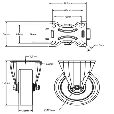 Roue fixe en caoutchouc 125 mm - roulement à billes - 135 kg