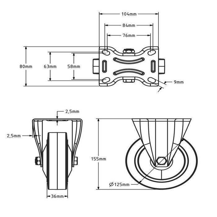 Flight case rubber fixed castor 125 mm - 220 kg
